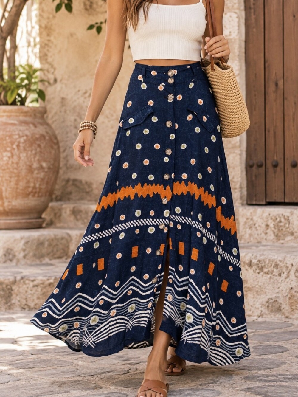Vintage Boho  Polka Dot Chevron Maxi Skirt Size S